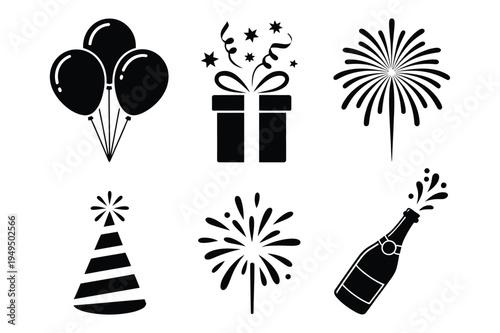 Celebration icons - balloons, gift box, sparklers, party hat, champagn