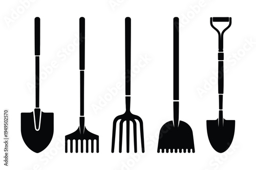 Gardening tools icons - shovel, rake, pitchfork, spade