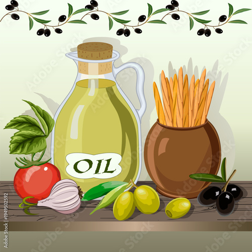 Olive oil and olives on a wooden shelf.Vector illustration with olive oil, olives and vegetables on a wooden tabletop.