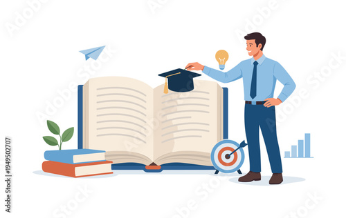 A professional developing new knowledge for career advancement in a modern learning environment, visual metaphor of a motivated person standing beside a large open book while