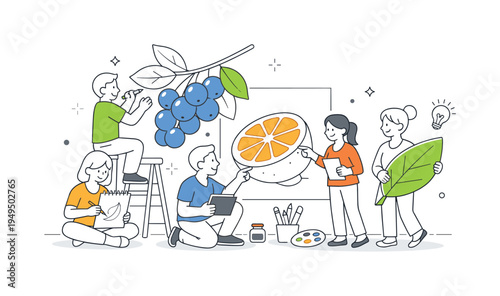 A creative botanical illustration project where designers prepare natural fruit elements for educational materials and food themed visual content, visual metaphor of a fruit branch