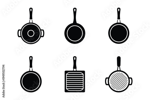 Black kitchen cookware icons set - frying pan collection