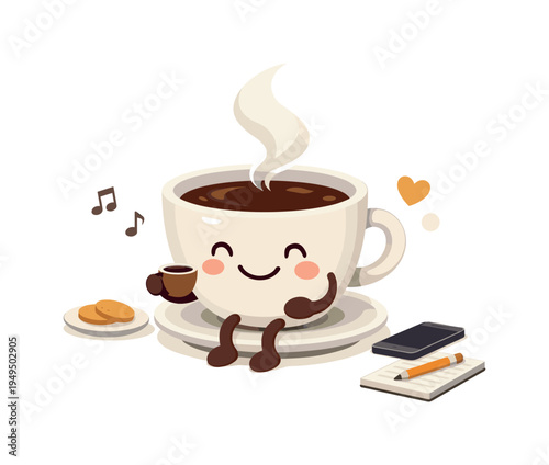 A cozy cafe lifestyle scene where a cheerful coffee cup character represents the comforting ritual of a daily coffee break, illustrated with a cute smiling coffee cup character, a