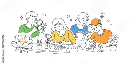 A creative botanical illustration moment where designers gather natural references and prepare floral drawings for decorative and educational materials, visual metaphor of a