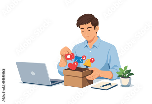 A professional improving concentration by removing distractions before beginning an important task in a modern workspace, visual metaphor of a calm office worker placing several