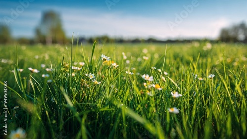 Low angle view of small white wildflowers in a lush green meadow