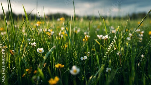 Sunlit Meadow with Wildflowers and Lush Green Grass at Sunset