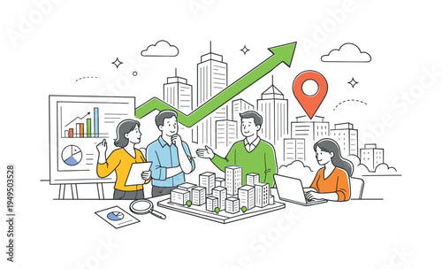 A city business district concept where a collaborative team analyzes urban opportunities and metropolitan growth within a structured environment, expressed through a clear visual