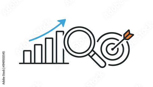 Business performance tracking and strategic growth monitoring in a modern digital environment, a simple upward bar chart placed beside a magnifying glass and a small target symbol
