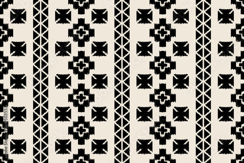 Tribal Ethnic Seamless Pattern with Geometric Folk Motifs, Black and Beige Ikat Inspired Textile Background, Retro Boho Ornament Repeat for Fabric Print, Wallpaper, Wrapping Paper and Surface Design