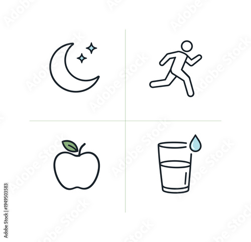 Healthy daily habits supporting long term personal wellbeing where individuals sleep well, stay active, maintain balanced nutrition, and drink enough water as part of sustainable
