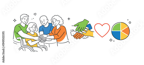 A social cooperation scenario where individuals show support and participation in a shared community effort focused on inclusion and teamwork, visual metaphor of overlapping