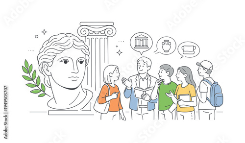 A museum learning scenario where people observe classical sculpture and discuss the cultural legacy of ancient Mediterranean civilizations and artistic achievements, visual