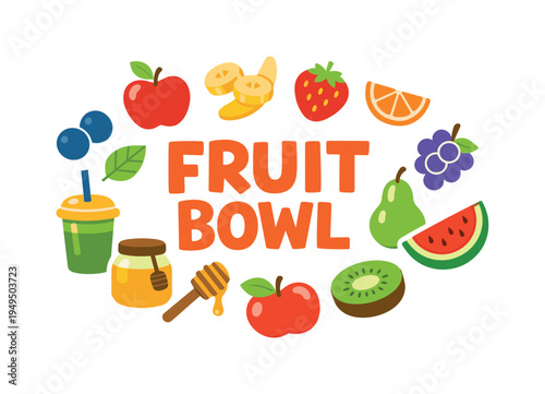 Healthy colorful fruit bowl concept focused on fresh ingredients, natural sweetness, and nutritious snacks that support balanced daily eating habits. FRUIT BOWL central title