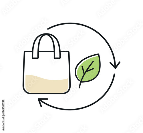 Sustainable consumption and environmentally responsible everyday choices in modern lifestyle habits, a reusable shopping bag placed beside a simple leaf and a circular arrow