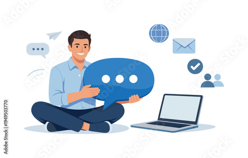 A professional strengthening digital communication in a modern remote work environment, visual metaphor of a person sitting beside an open laptop while holding a large speech