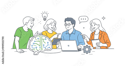 Team exploring artificial intelligence tools during a collaborative technology session, several professionals gathered around a large brain shaped circuit icon placed beside a