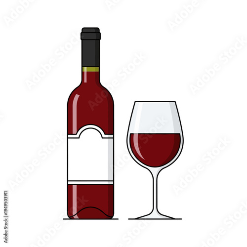 Red Wine Bottle and Glass, Minimalist Flat Design, Isolated on White Background