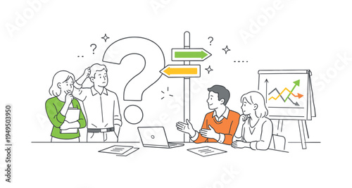 A business strategy discussion where colleagues react to unexpected challenges and unclear results while trying to find the right direction forward, visual metaphor of a large