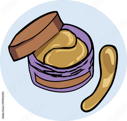 =Vector illustration of hydrogel golden eye patches in a luxury purple container. Includes a small applicator spatula. Modern flat design with black outlines, perfect for skincare branding