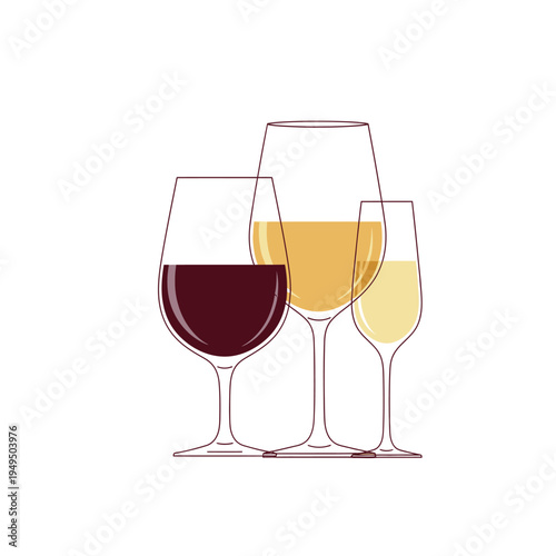 Three wine glasses with red and white wine, isolated on white background