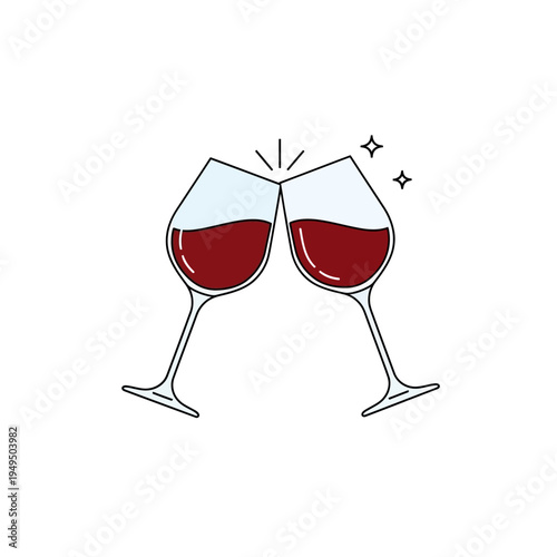 Two glasses of red wine clinking for a toast, celebration, cheers, party, romantic dinner