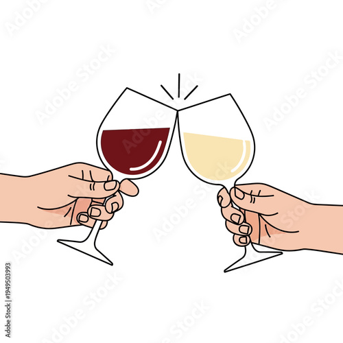 Two hands clinking wine glasses, red and white wine, celebration toast