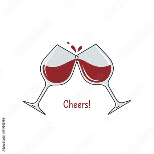 Two glasses of red wine clinking in a toast, with 'Cheers!' text.
