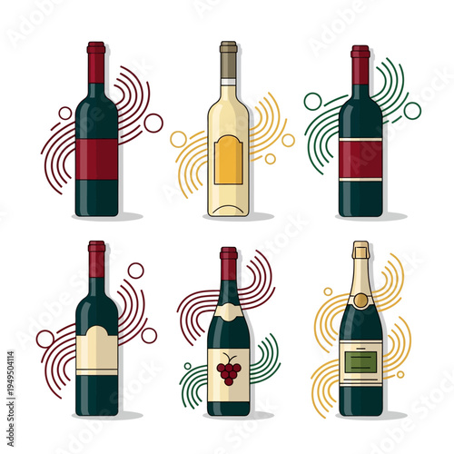 Collection of six wine bottles, various types, flat design, isolated on white background
