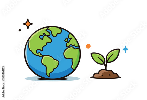 Environmental responsibility and global sustainability focused on protecting natural ecosystems across the planet, a simple hand drawn Earth globe beside a small plant sprout