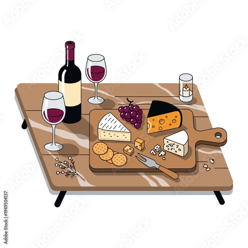 Gourmet cheese board with wine, grapes, crackers, and candle for a romantic evening