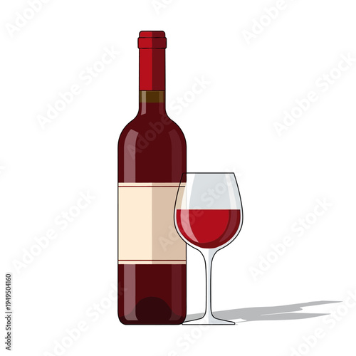 Red Wine Bottle and Glass Full of Wine on White Background