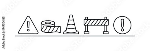 Safety warning and hazard awareness used in construction zones and restricted areas to prevent accidents and guide safe behavior, warning triangle, caution tape roll, traffic cone