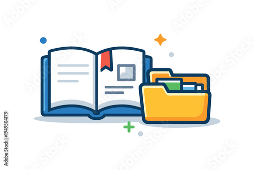 Organized knowledge management and structured information handling for professionals working with digital documents and research materials, a simple open book paired with a small