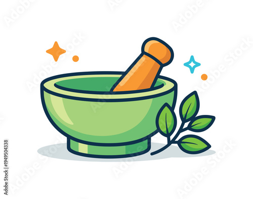 Herbal wellness and natural remedies focused on traditional plant based care and everyday wellbeing, a mortar and pestle beside a small sprig of herbs creating a symbolic scene