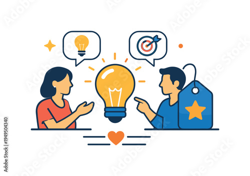 Creative branding strategy session centered on collaborative idea development and brand positioning, a small team of two people beside a light bulb and a simple tag icon creating a