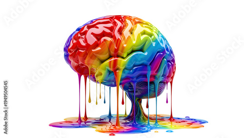 Vibrant rainbow colored brain with paint dripping isolated on transparent background