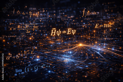 Science concepts show equations and formulas in a digital space with glowing particles at night for educational use and research