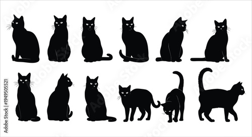 A collection of black cat silhouettes in various sitting and walking poses