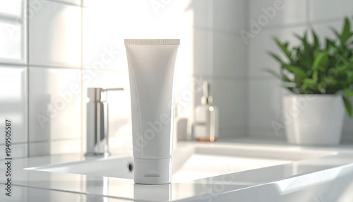 White cosmetic tube on bathroom sink.