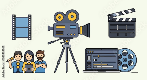 Filmmaking and video production icons: camera, film reel, clapperboard, editing software, journalists