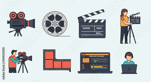 Filmmaking and Video Production Icons: Camera, Film Reel, Clapperboard, Editing, Director