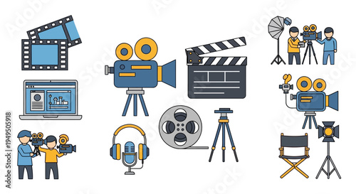Filmmaking and Video Production Icons: Cameras, Clapperboard, Film Reel, Headphones, Laptop, Director's Chair