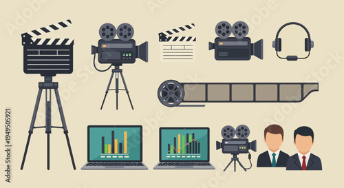 Filmmaking Equipment and Technology Collection: Cameras, Clapperboard, Headphones, Film Reel, Laptops