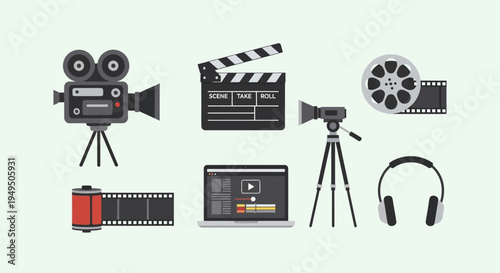 Filmmaking Equipment Collection: Camera, Clapperboard, Film Reel, Laptop, Headphones