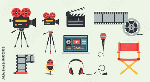 Filmmaking Equipment Collection: Cameras, Clapperboard, Film Reel, Microphone, Headphones, Director's Chair