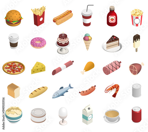 Isometric food and drink icon set. Fast food, desserts and grocery products. Vector collection
