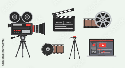 Filmmaking Equipment and Video Editing Concept - Camera, Clapperboard, Film Reel, Tripod, Laptop