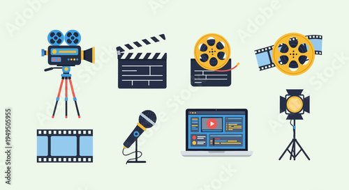 Filmmaking Equipment Icons: Camera, Clapperboard, Film Reel, Laptop, Microphone, Spotlight