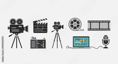 Filmmaking Equipment Icons: Camera, Clapperboard, Film Reel, Laptop, Microphone